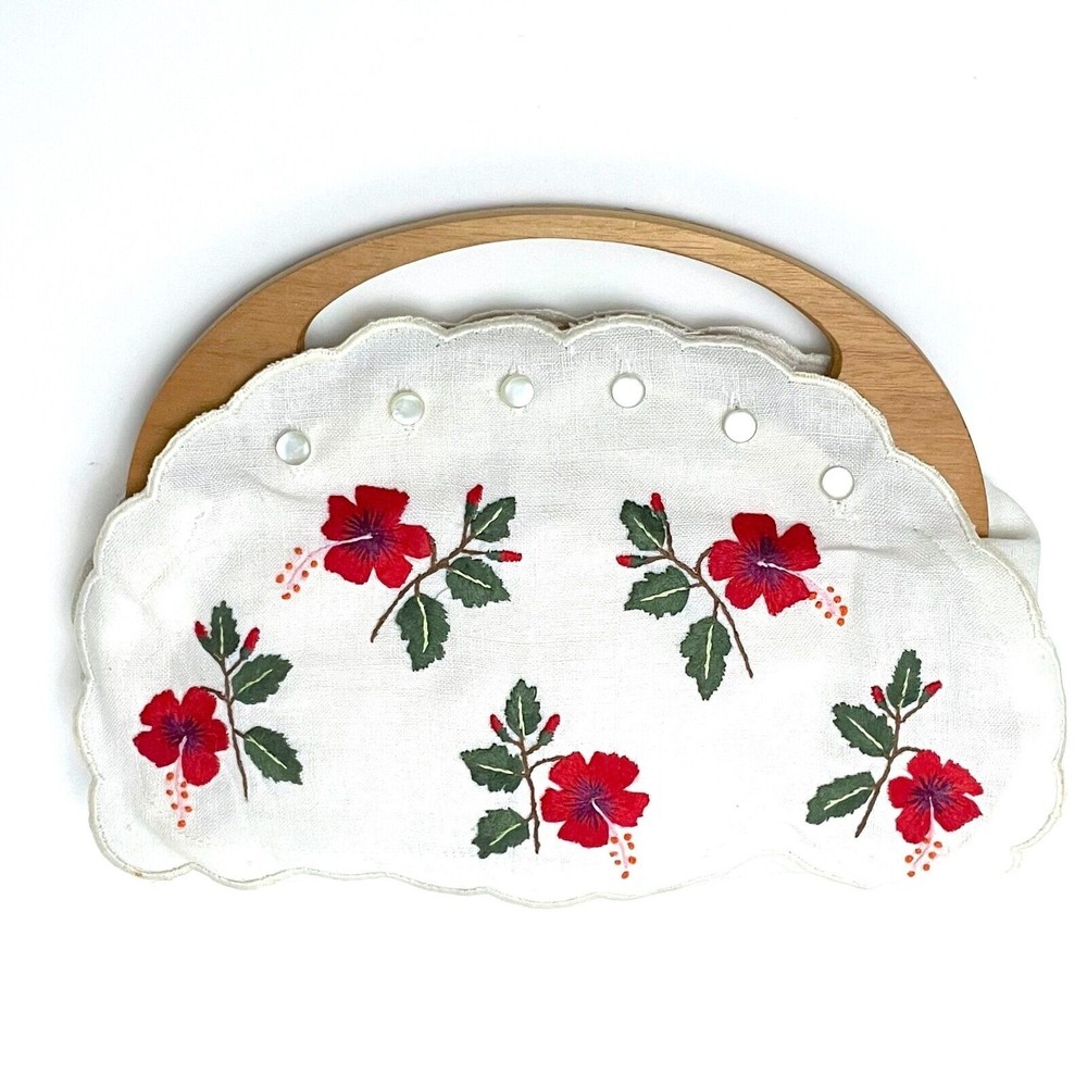 Vintage Handmade Floral Needle Point Crewl Wood Handle Purse Clutch Bag